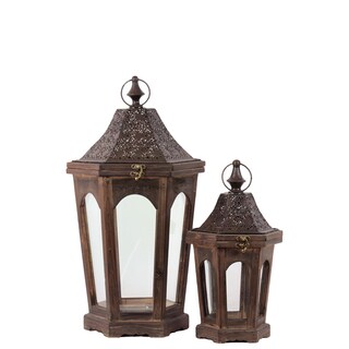 Classic Lamp Post Design Wooden Lantern (Set Of 2) In Rustic Antique Finish