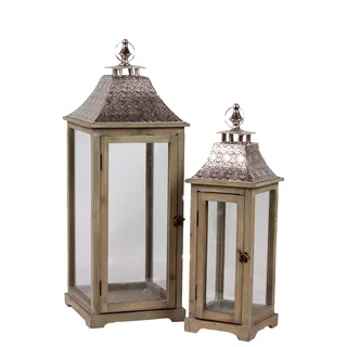 Wooden Lantern With Ethnic Design Metal Roof (Set Of 2)