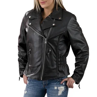 Women's Black Leather Braid and Stud Back Detailing Motorcycle Jacket