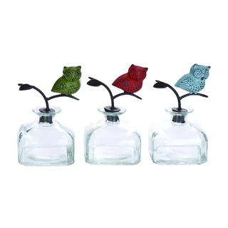 Glass Bottle Set with Metal Owl Stoppers (Set of 3)