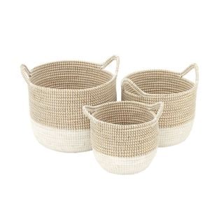 Benzara White and Tan Sea Grass Basket (Set of 3)