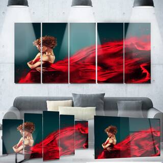 Designart 'Woman in Flying Red Dress' Portrait Digital Art Metal Wall Art