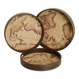 Antiqued Map Print Round Trays with Faux Leather Sides (Set of 3)