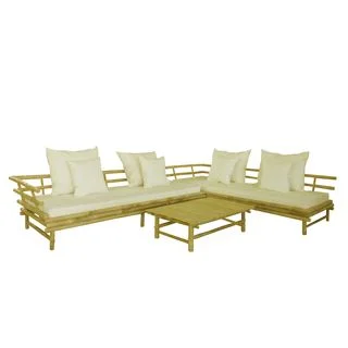 Zew Handcrafted Modern Contemporary Casual White Bamboo Sectional with Table