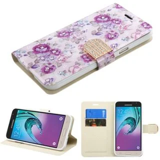 Insten Purple/ White Flowers Leather Case Cover with Stand/ Wallet Flap Pouch/ Diamond For Samsung Galaxy J3