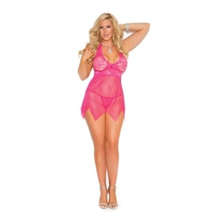 Women's Pink Polyester Lace and Mesh Babydoll Set
