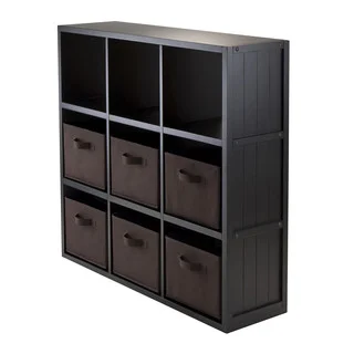 Winsome Black Wood 3 x 3 Storage Cube Wainscoting Panel Shelf With 6 Chocolate Foldable Baskets