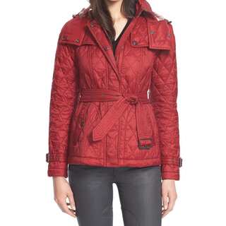 Burberry Women's Short Finsbridge Red Polyamide Belted Hooded Quilted Jacket