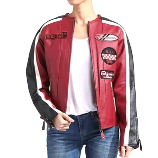 Tanners Avenue Women's Cream, Red, and Black Leather Moto Patch Racing Jacket