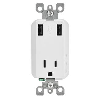 Leviton R02-T5631-00W 15 Amp White USB Charger/Tamper Resistant Receptacle