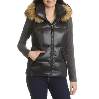 S13 Women's Black Down, Nylon Quilted Faux Fur Trim Hood Vest