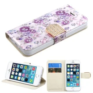 Insten Purple/ White Flowers Leather Case Cover with Stand/ Wallet Flap Pouch/ Diamond For Apple iPhone 5/ 5C/ 5S/ SE