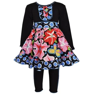AnnLoren Girls' Blooming Flower Multi-colored Cotton Dress and Legging Set
