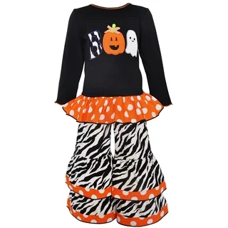 Ann Loren Girls' White/Black/Orange Cotton Halloween Knit Tunic and Pant Set