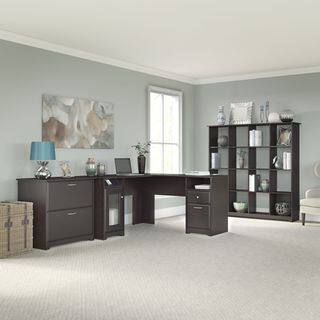 Cabot Collection 60W L Desk, 16-cube Bookcase, and Lateral File