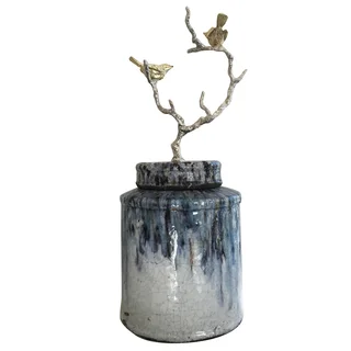 Terracotta 9-inch x 10.5-inch Lidded Jar With Bird Branch Finial