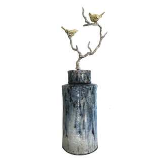 Multicolor Terracotta 8.5-inch x 8-inch x 26-inch Lidded Jar With Bird Branch Finial