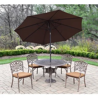 Dakota Cast-aluminum/ Sunbrella Fabric 7-piece Set with Stackable Chairs, Table, Umbrella, and Metal Stand