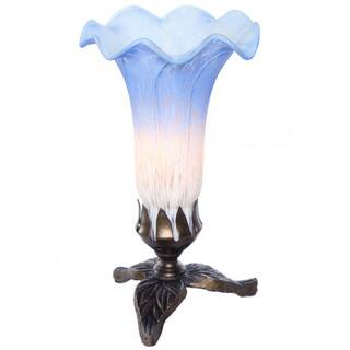 River of Goods Blue/White Glass Handpainted Lily Lamp with Bronze Leaf Base