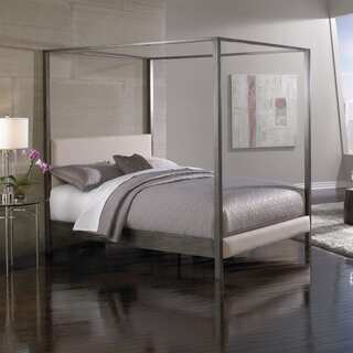 Avalon Platform Slate Finish Canopy Bed with Platinum Upholstered Headboard and 80-inch Bed Posts