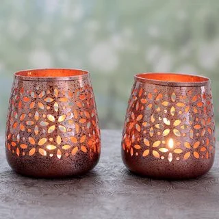 Set of 2 Handmade Steel 'Flower Glow' Tealight Holders (India)