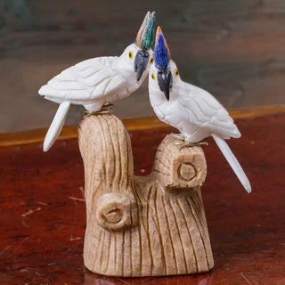 Handcrafted Multi-gemstone 'Cockatoo Couple' Sculpture (Peru)