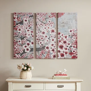 Madison Park Gleeful Blossoms Wine Burgundy Printed Canvas with Hand Embellishment 3-piece Set