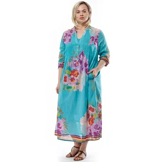La Cera Women's Blue Cotton Plus Size 3/4-sleeve Pleated Caftan
