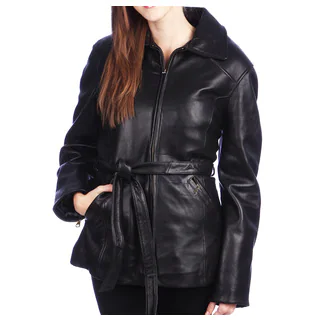 Women's Black Lamb Leather 3/4 Belted Jacket