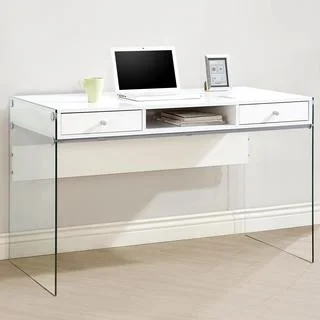 Contemporary Modern Style Glass Home Office Glossy White Computer/ Writing Desk with Drawers
