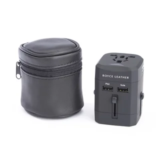 Royce International Travel Adapter with Genuine Black Leather Carrying Case