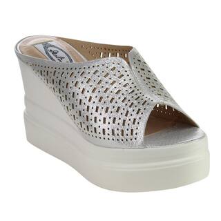 ITALINA Women's Silver/Gold Faux-leather Hollow Out Platform Wedge Slide Sandal