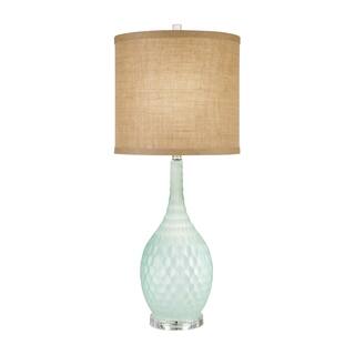 Catalina Sophia 19915-001 3-Way 32-Inch Seafoam Blue Glass Table Lamp with Burlap Drum Shade, Bulb Included