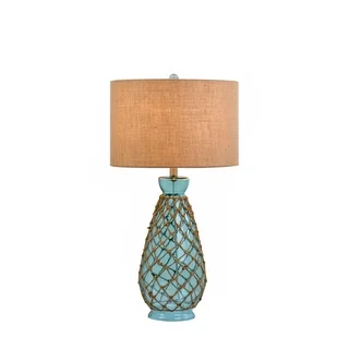 Catalina Breakers 19932-001 3-Way 31-Inch Ocean Blue Glass Table Lamp with Rope Accents and Burlap Drum Shade, Bulb Included