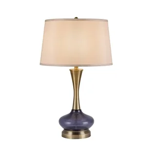 Catalina Kinley 19953-001 3-Way 27-Inch Blue Glass and Antique Brass Table Lamp w Natural Linen Mod Drum Shade, Bulb Included