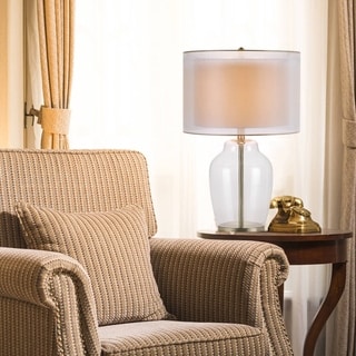 Catalina Silvia 19931-001 3-Way 26-Inch Clear Glass and Antique Brass Table Lamp with Double Drum Shade, Bulb Included