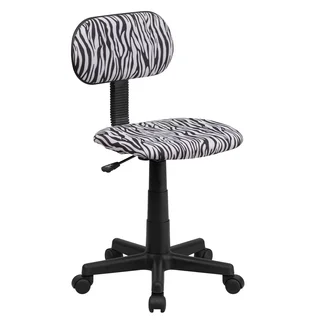 Black, White Fabric, Metal, Nylon Zebra Print Armless Swivel Adjustable Office Chair