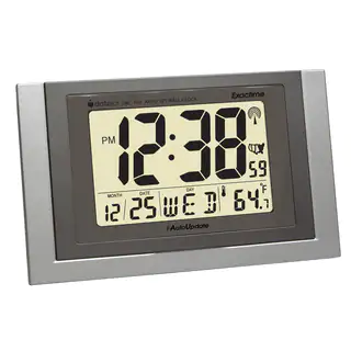 Silver Plastic Radio Control Wall Clock with Month, Day, Date, and Temperature