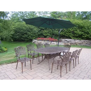 Dakota Cast Aluminum 10-piece Dining Set, with Oval Table, 8 Arm Chairs, and 10 ft. Cantilever Umbrella