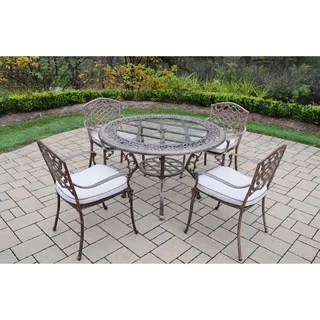 Dakota Cast Aluminum 5-piece Outdoor Dining Set, with Round Table, and 4 Cushioned Stackable Arm Chairs