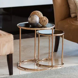 Danya B Set of 2 Nested Round End Tables with Black Glasstop and Rose Gold Metal Frame