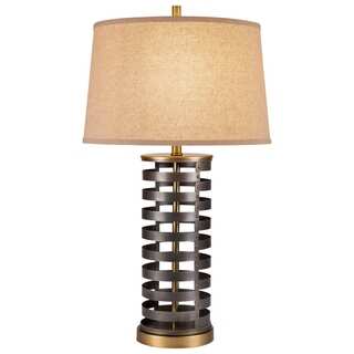 Catalina Foster 19950-001 3-Way 28.5-Inch Two Tone Dark Bronze Cylinder Metal Table Lamp w Linen Mod Drum Shade, Bulb Included
