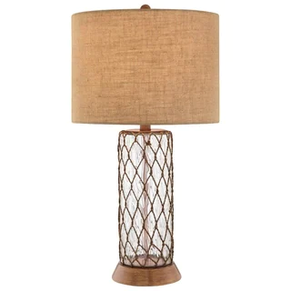 Catalina Lacy 19086-001 3-Way 32-Inch Clear Water Glass Table Lamp, Bronze Finish, Textured Burlap Drum Shade, Bulb Included