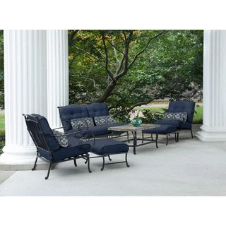 Hanover Oceana Navy Blue Steel 6-piece Outdoor Patio Set with Stone-top Coffee Table