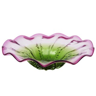 Urban Designs Pink Green Flower Bloom 18-inch Decorative Glass Bowl