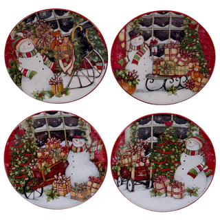 Certified International Snowman's Sleigh 6-inch Canape Plate Assorted Designs (Set of 4)
