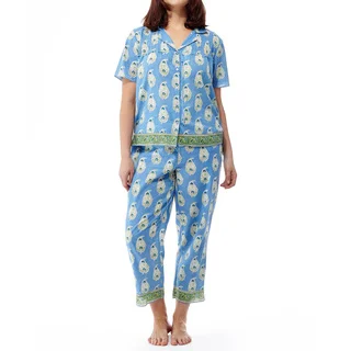 La Cera Women's Blue Cotton Print Short Sleeve Front Ribbon Pajama Set