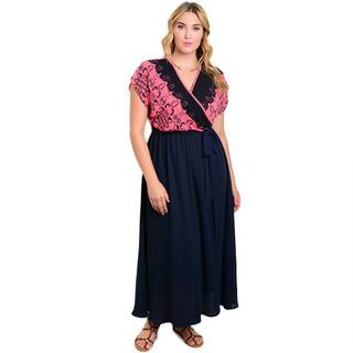 Shop the Trends Women's Polyester Plus Size Wrapped V-neckline Trimmed Scalloped Lace Cap Sleeve Maxi Dress