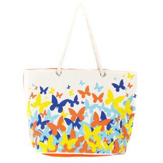 Leisureland Rope Flutter Butterfly Handle Canvas Printed Tote Bag