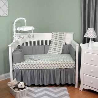 Green and Grey Chevron Five-piece Baby Crib Bedding Set with Bumper
